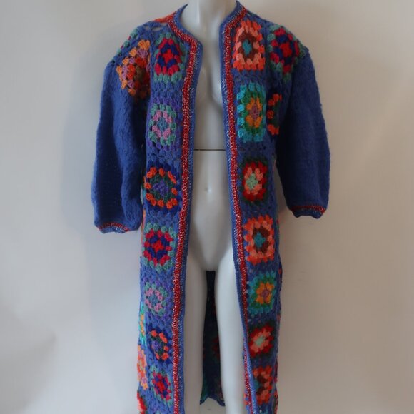 NWT Women Tina Demel Blue Multicolor Crochet Stella Duster Cardigan Sweater OS - Picture 1 of 13
